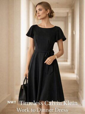 Calvin Klein NWT Black Fit Flare Dress Size 8 Flutter Sleeve Tie Waist Office